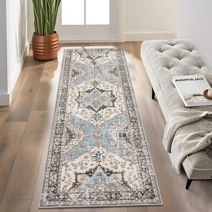 Machine Washable Vintage Area Rug - Low Pile Boho Farmhouse Distressed Floral Print Non-Slip Ultra Thin Living Room Bedroom Office Rug - 1 of 4