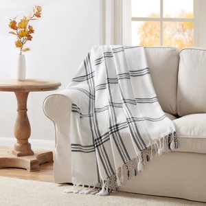 VCNY 50"x60" Leena Plaid Fringe Throw Blanket Black/White: Hypoallergenic, Machine Washable, Acrylic - 1 of 4