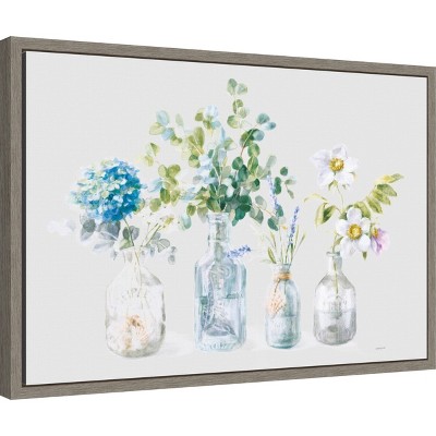 Floral Bouquets in Glass Bottles Framed Canvas Wall Art