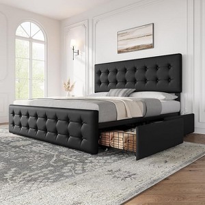 Bed Frame with 4 Storage Drawers & Adjustable Headboard - PU Leather Upholstered Platform Bed, Button Tufted Design - 1 of 4