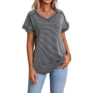 BLUEMING Womens T-shirts Knit V Neck Cap Sleeve Ribbed Tops Loose Fit Comfy Blouses Trendy Casual Outfits - 1 of 4