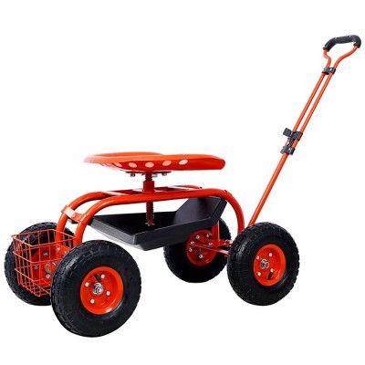 Rolling Garden Cart with Seat and Storage, Rolling Garden Stools Scooter with 4 Wheels Tool Tray Basket Adjustable Height Scooter Gardening Workseats