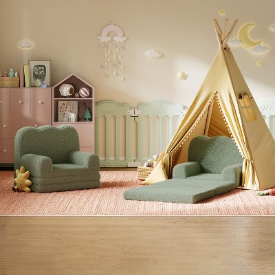 Kids' 2-in-1 Convertible Sofa Chair - Soft Teddy Fleece Toddler Lounger & Bed for Playroom, Nursery | Great Birthday Gift
