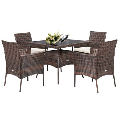 Tangkula 5 PCS Outdoor Rattan Dining Set Patio Wicker Conversation Set Cushioned Armrest Chair & Glass Table