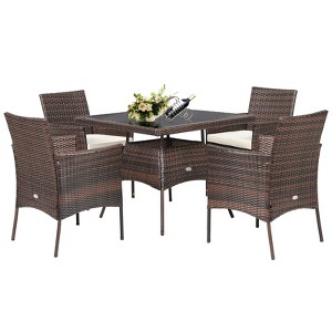 Tangkula 5 PCS Outdoor Rattan Dining Set Patio Wicker Conversation Set Cushioned Armrest Chair & Glass Table - 1 of 4