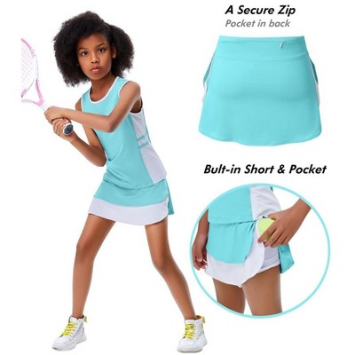 Girls Tennis Dress Golf 2 Piece Outfit Sleeveless Ruffle Skirts with Built-in Shorts Pockets School Sports Activewear