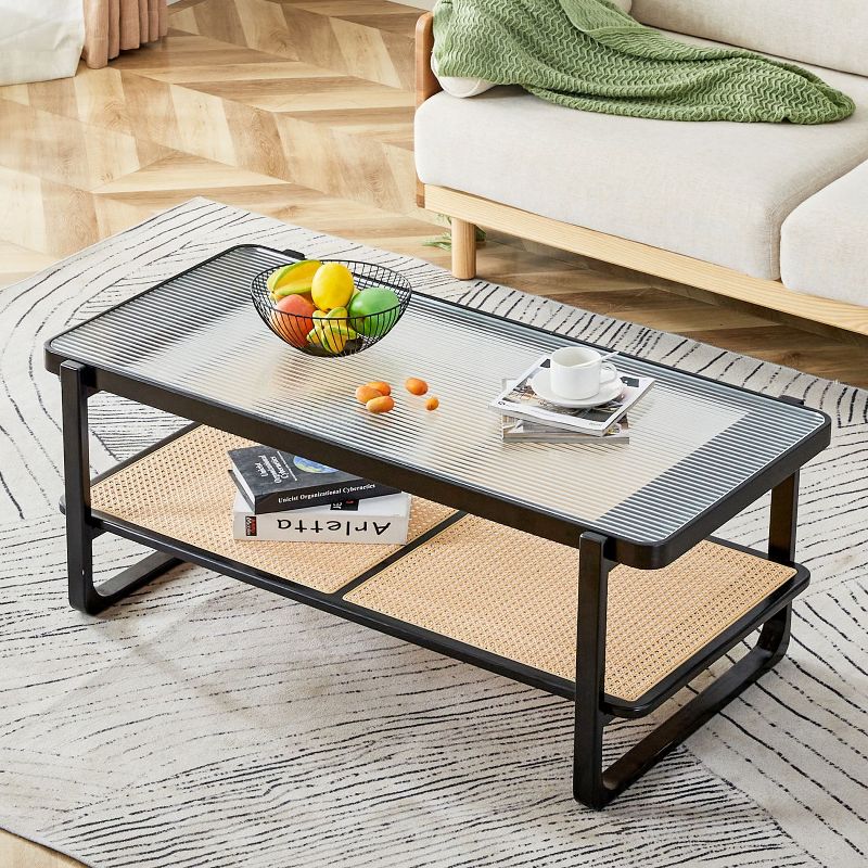 Modern Minimalist Rectangular Coffee Table with Craft Glass Tabletop and Rattan Layer - The Pop Home, 1 of 10