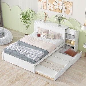 PAGED Full Size Platform Bed Modern Wooden Bed Frame with Twin Size Trundle and Pull Out 4-Layer Shelves for Bedroom - 1 of 4
