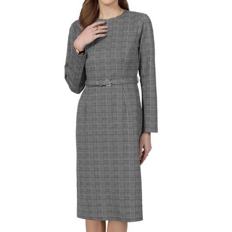 Женские платья INSPIRE CHIC Women's Houndstooth Plaid Long Sleeve Belted Business Office Pencil Dresses Small Grey Black