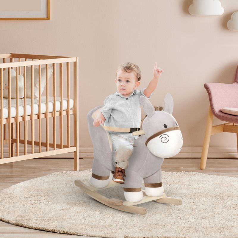 Qaba Kids Rocking Chair, Plush Ride On Rocking Horse Donkey with Sound, Wood Base Seat, Safety Belt, Baby Toddler Rocker Toy for 18 - 36 Months, Gray, 4 of 8
