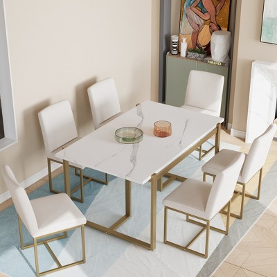 7-Piece Modern Dining Table Set with Faux Marble Table and 6 Upholstered Dining Chairs, White+Golden-ModernLuxe