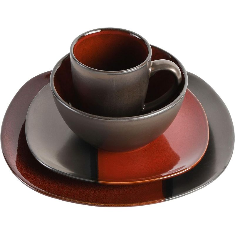 Gibson Elite Volterra 16 Piece Soft Square Stoneware Dinnerware Set in Red and Metallic Gray, 3 of 7