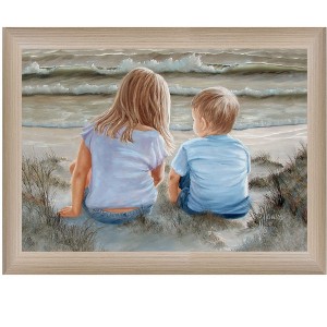 Boy and Girl Sitting in Dunes by Artisan Georgia Janisse, Ready to Hang Framed Print, Brown Frame - 1 of 1