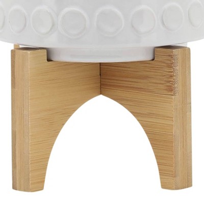 Sagebrook 5" White Ceramic Planter with Wooden Stand for Indoor/Outdoor Use