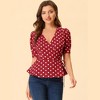 INSPIRE CHIC Women's Dots Print Tie Waist Ruffle Hem V Neck Wrap Peplum Shirts - 2 of 4