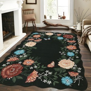 Modern Floral Rug Washable Rug with Non Slip Backing, Low Pile Thin Rug, Indoor Foldable Rug, Soft Aesthetic Printed Rug for Living Room, Bedroom - 1 of 4