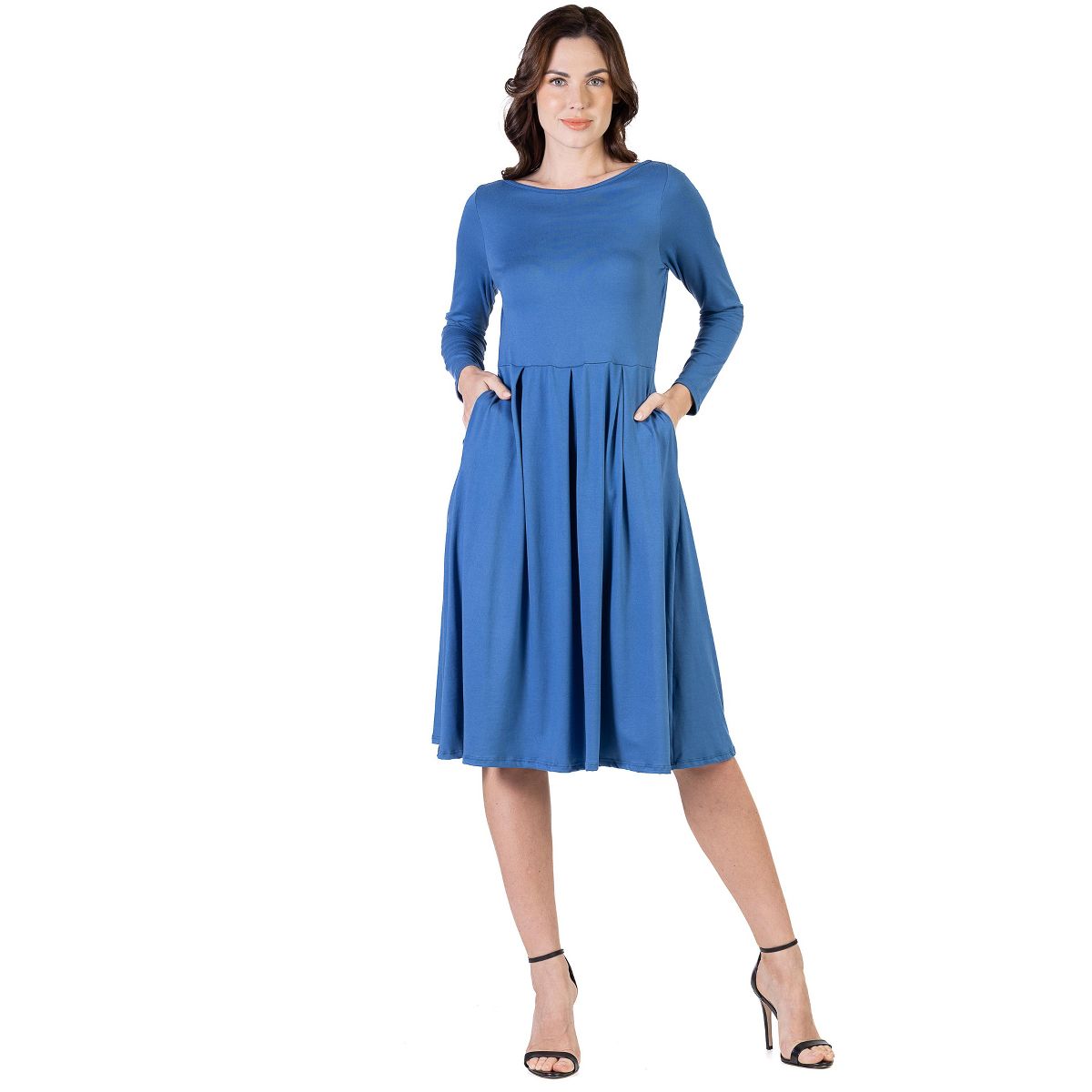 Womens Round Neck Long Sleeve Pleated Fit N Flare Pocket Midi Dress - 24seven Comfort Apparel™ - thumbnail 10