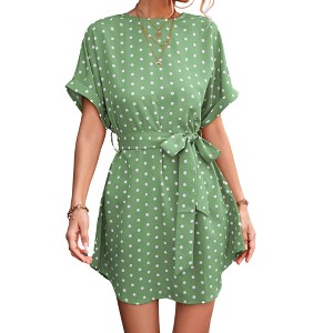 Anna-Kaci Women's Short Sleeve Polka Dot Mini Dress with Waist Tie Belt and Relaxed Fit - 1 of 4