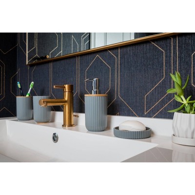 Gray Ribbed Bamboo and Plastic 4-Piece Bathroom Set