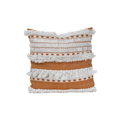 Orange Striped Hand Woven 18x18" Outdoor Decorative Throw Pillow with Hand Tied Fringe - Foreside Home & Garden