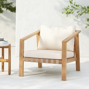 Christopher Knight Home Fraser Patio Slat Design Acacia Wood Club Chair with Cushion, Beige/Light Teak - 1 of 4