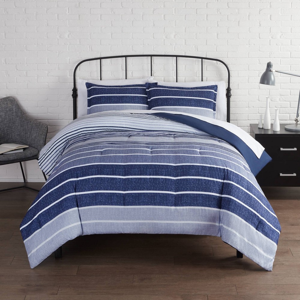 Photos - Duvet Serta 3pc King Conrad Variegated Stripe Antimicrobial Comforter Set Blue  