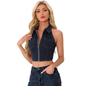 Allegra K Women's Zipper Up Collared Sleeveless Jean Halter Denim Top - 1 of 4