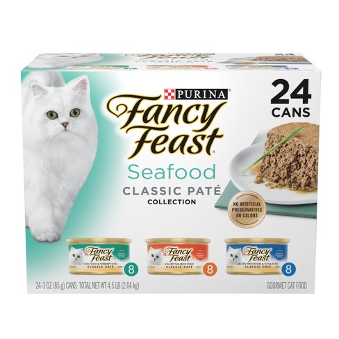 Purina Fancy Feast Seafood Classic Pat Variety Pack Tuna Salmon Fish Shrimp Flavor Wet Cat Food Cans 3oz 24ct