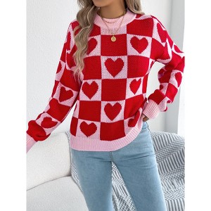 Women Checkered Holiday Oversized Sweater Cute Plaid Print Crewneck Sweatshirt Knit Puff Sleeve Chunky Jumpers Red,M - 1 of 4