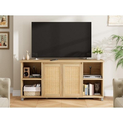 70 Inch TV Stand, Boho TV Stand with Rattan Cabinet Doors, Entertainment Center with 4 Open Shelve, Mid-Century Modern TV Stands - Natural
