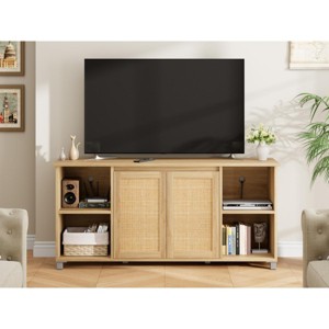 70 Inch TV Stand, Boho TV Stand with Rattan Cabinet Doors, Entertainment Center with 4 Open Shelve, Mid-Century Modern TV Stands - Natural - 1 of 4