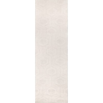 Elegant Ivory Geometric Handwoven Wool Runner Rug, 2' 6" x 8'