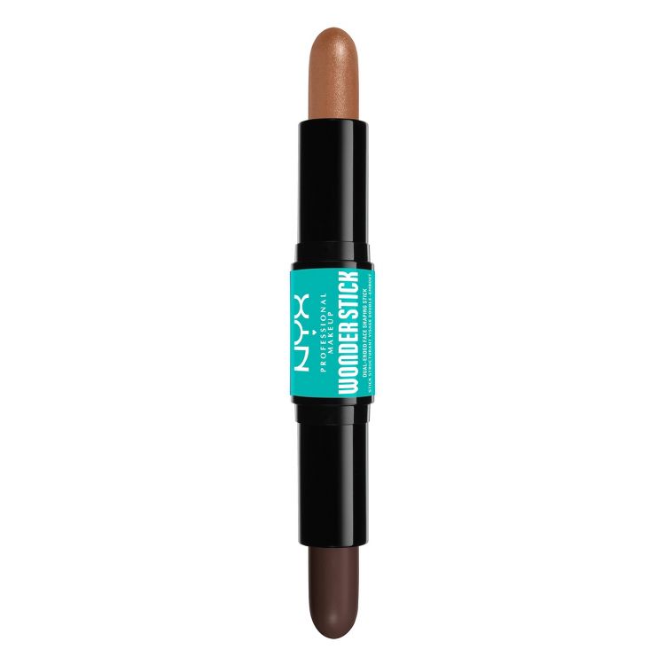 Dual-ended makeup stick with a light brown highlighter on one end and a dark brown contour on the other. The center has a teal label with white text.