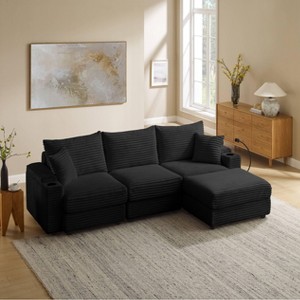 MYINDA 4 Pieces L-Shaped Corduroy Sofa Set with USB Charging Port, Multi-Functional Storage Armrests for Living Room,Black - 1 of 4