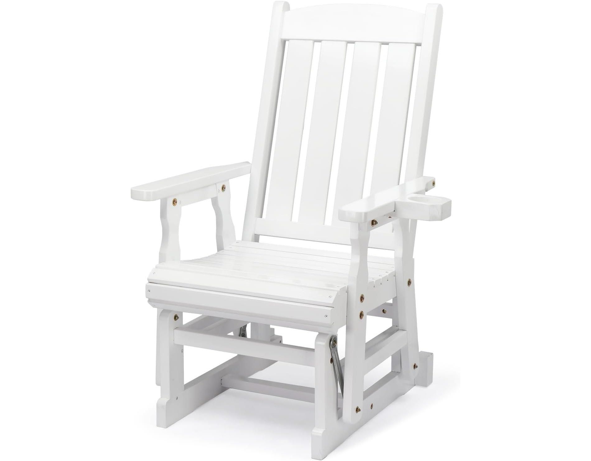 VINGLI Outdoor Glider Chair Wood Patio Glider with Cup Holder, Porch Glider with Smooth Rocking Mechanism, White