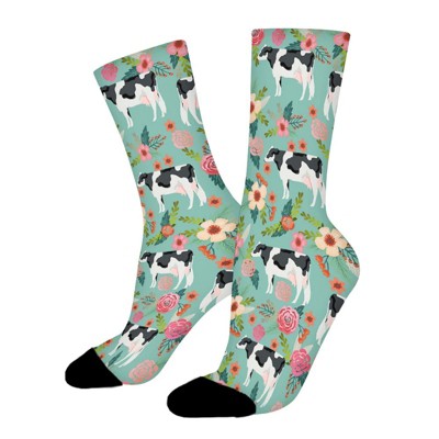 Holstein Cattle Vintage Florals Women Printed Crew Socks Funny Funky Socks Soft Polyester Novelty Gifts for Artists Men