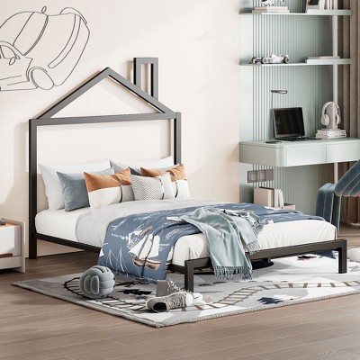 NicBex Twin/Full Platform Bed Frame with House-Shaped Headboard for Boys and Girls,Heavy Duty Metal Slats Support,Easy Assembly,White/Black/Pink
