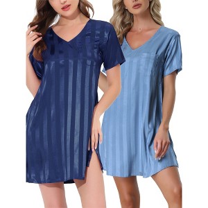 cheibear Women's Short Sleeve Mini Striped Pajama Dress 2 Packs - 1 of 3