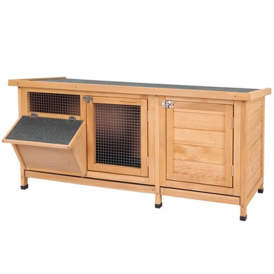 Natural Beige Wooden Rabbit Hutch with Waterproof Roof and Feeding Trough