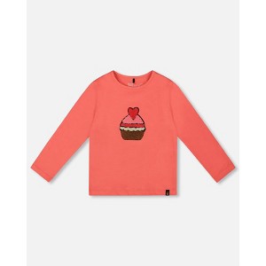 Deux par Deux Girl Organic Cotton T-Shirt Coral with Cupcake - 1 of 4