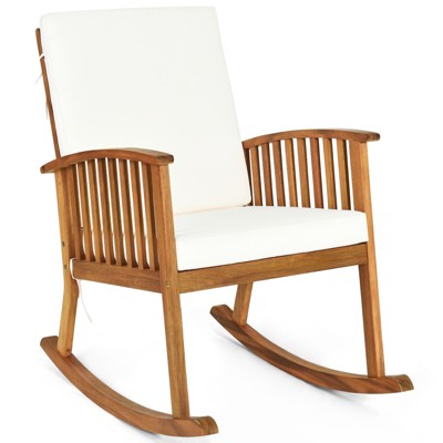 Tangkula Patio Rocking Chair Acacia Wood Rocker w/ Seat & Back Cushions Safe & Comfortable Rocking