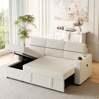 NicBex Modern Pull Out Sofa Bed Corduroy Convertible Sleeper Sofa with Storage Chaise, Cup Holders and USB Port for Living Room