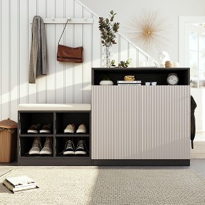 Gulches Livingroom Entryway Cabinet with Shoe Bench 4 Open Racks Adjustable Shelves Hooks Removable Cushion Wavy Slatted Door Beige and Black - 1 of 4