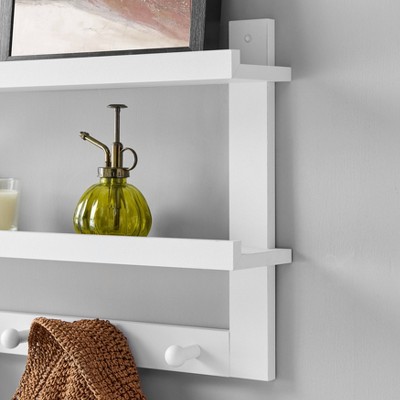 White MDF Two-Tier Floating Wall Shelf with Hooks