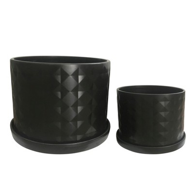 Sagebrook Home Set of 2 Ceramic Planters - 10" & 12" Black Planters on Saucers - Contemporary Diamond Design For Indoor or Outdoor Plants, Succulents
