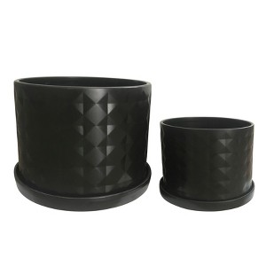 Sagebrook Home Set of 2 Ceramic Planters - 10" & 12" Black Planters on Saucers - Contemporary Diamond Design For Indoor or Outdoor Plants, Succulents - 1 of 4