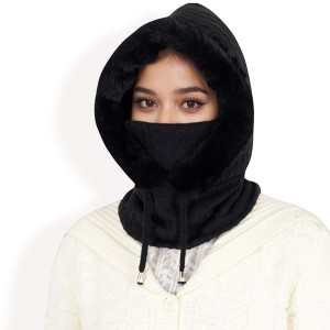 Anna-Kaci Women's Faux Fur Lined Knit Hooded Scarf with Adjustable Drawstring and Full Coverage for Winter Warmth - Khaki - 1 of 4
