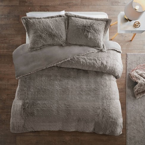 King Leena 3pc Shaggy Faux Fur Duvet Cover Set Gray : Target