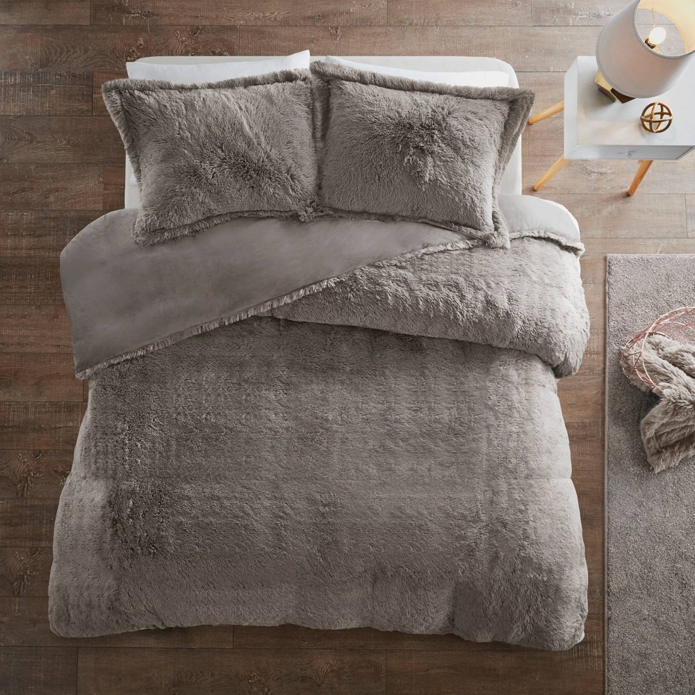 Photos - Bed Linen Full/Queen Leena 3pc Shaggy Faux Fur Duvet Cover Set Gray