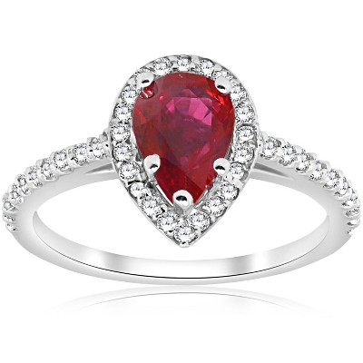 Pompeii3 1 1/2ct Pear Shape Ruby & Diamond Halo Ring 14K White Gold